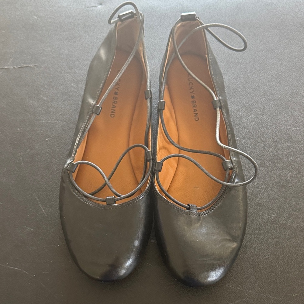 Lucky Brand Black Leather Lace-Up Ballet Flats with Ankle Tie